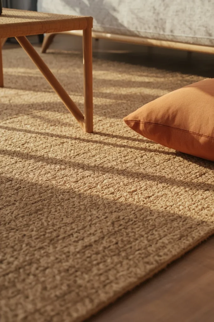 room detail shot, featuring a large natural jute rug with visible woven texture