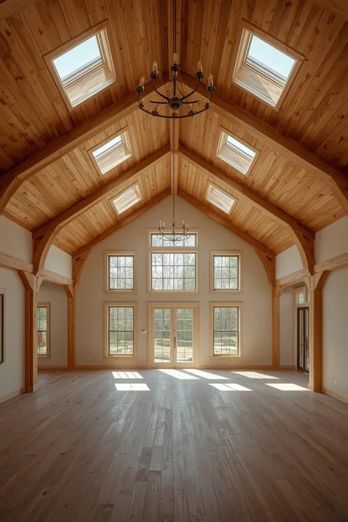 barndominium great room, featuring a raised cathedral ceiling
