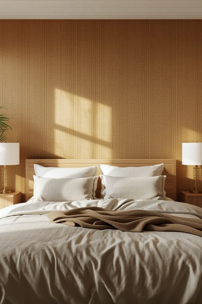 22 Beautiful Bedroom Ideas That Turn Your Room Into a Personal Sanctuary 5 bedroom, featuring a warm honey-toned grasscloth accent wall