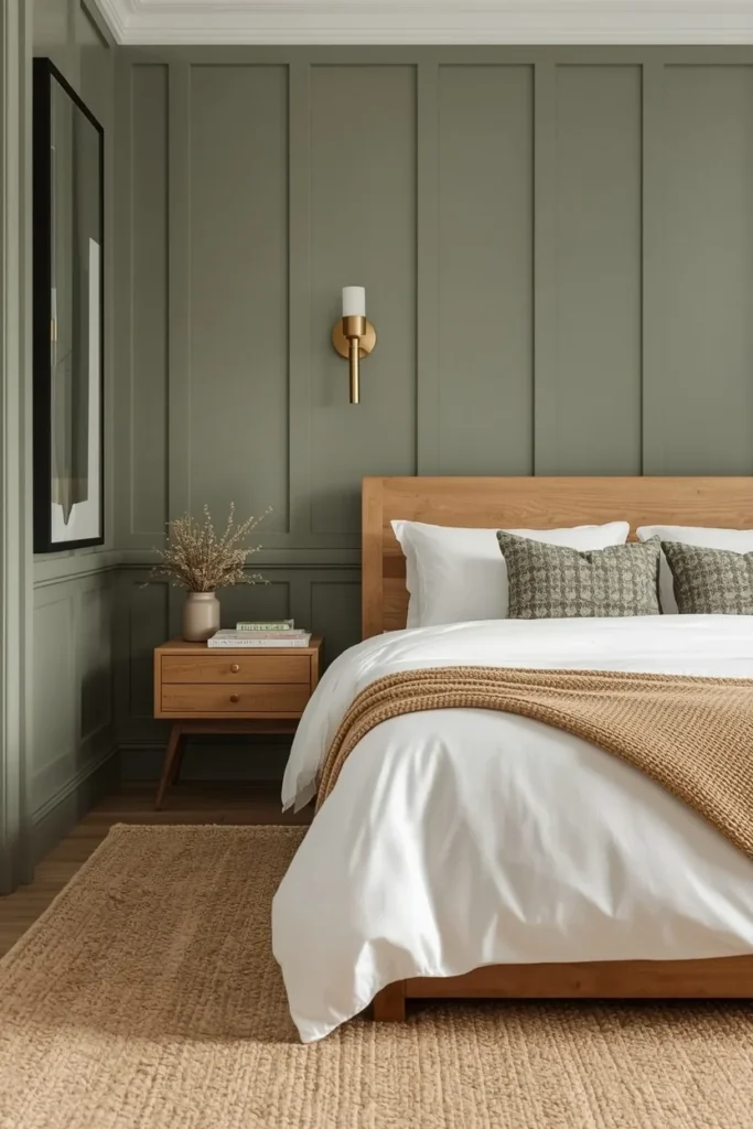 21 Bedroom Color Schemes That Make Your Room Feel Like a Boutique Hotel 5 Bedroom with sage green wall paneling, crisp white bedding