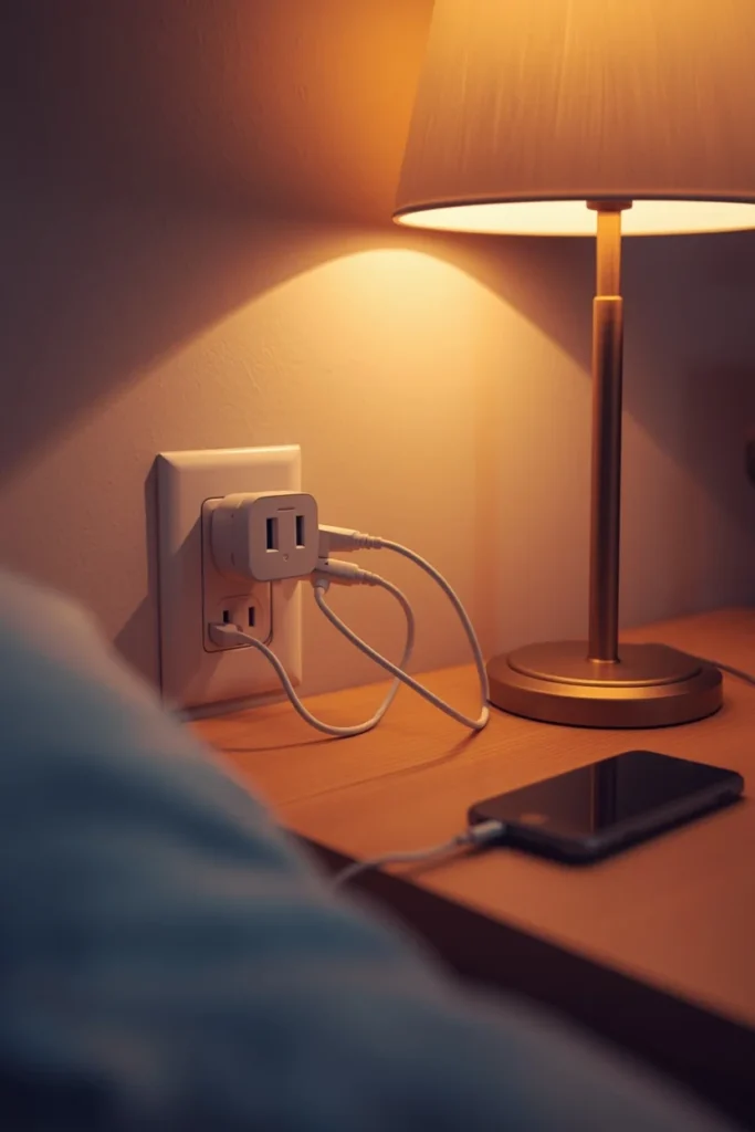  dorm room close-up, featuring a white surge-protected power strip