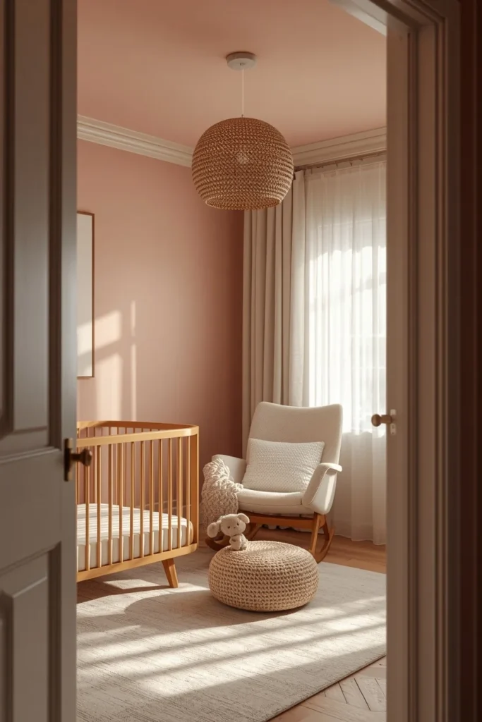  nursery, featuring a dusty rose ceiling and walls in one continuous soft tone, natural wood crib