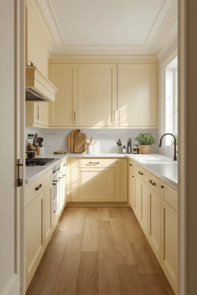  kitchen, featuring soft butter yellow cabinetry, walls, and trim, pale oak flooring, matte black hardware