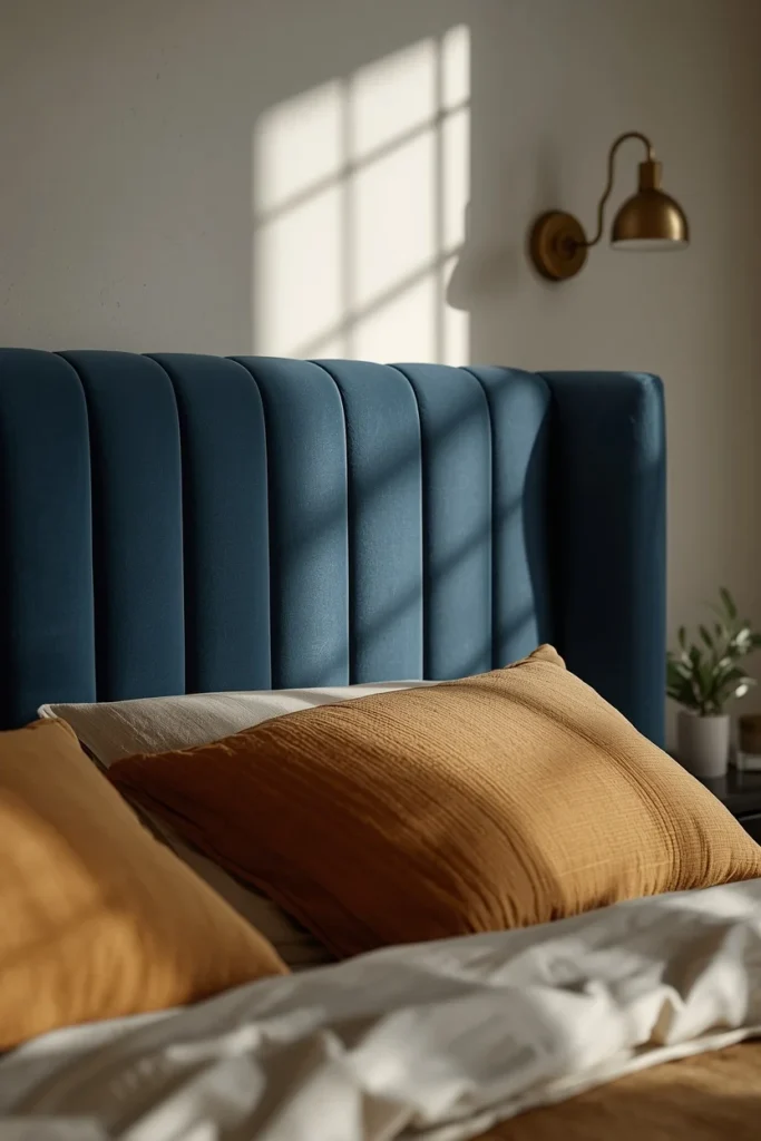 bedroom detail shot, featuring a slate blue velvet channel-tufted upholstered headboard