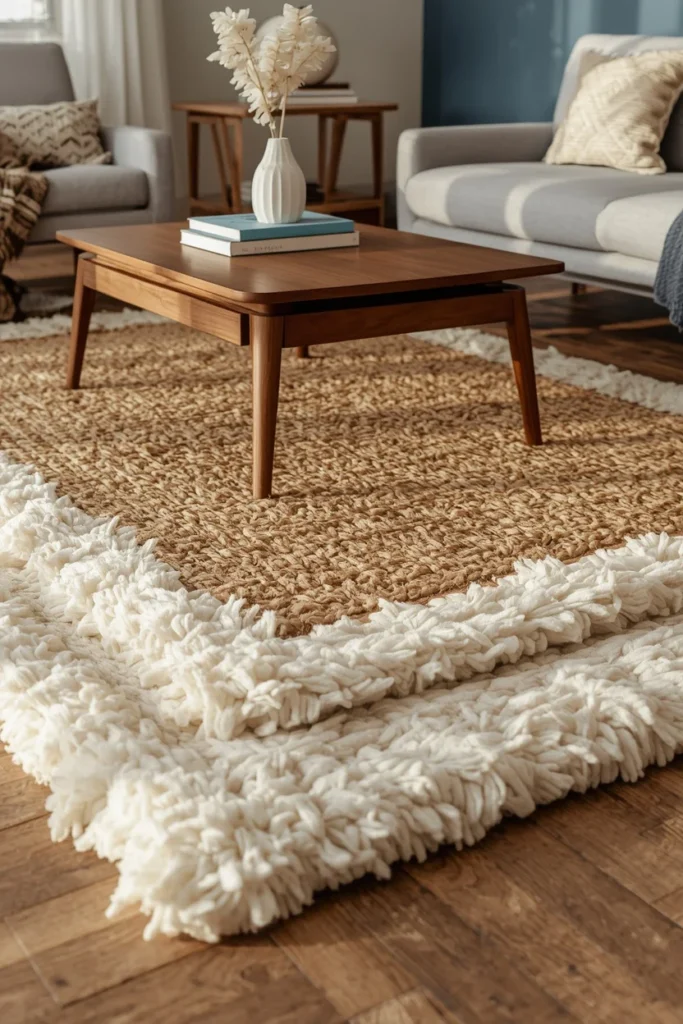  living room floor styling, featuring a soft cream wool rug layered over a natural jute rug beneath a walnut coffee table