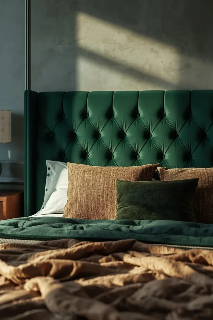 24 Cozy Bedroom Ideas That Make You Never Want to Leave Your Bed 5 bedroom close-up, featuring a deep forest green velvet tufted headboard