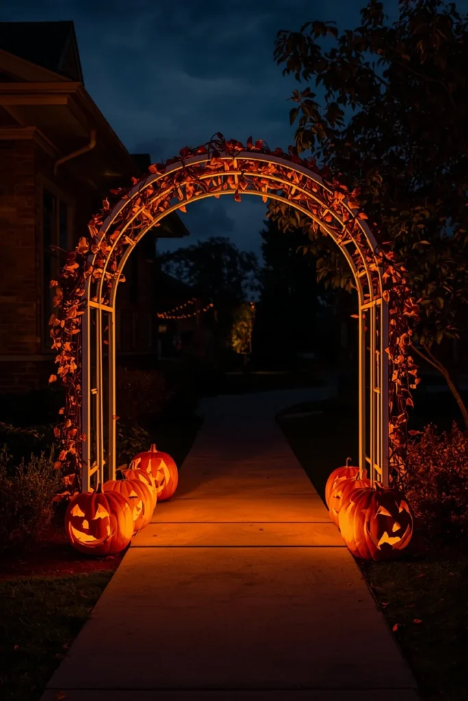 18 DIY Halloween Archway Ideas That Wow Trick-or-Treaters 5 porch archway at night, featuring rows of glowing orange light-up pumpkins