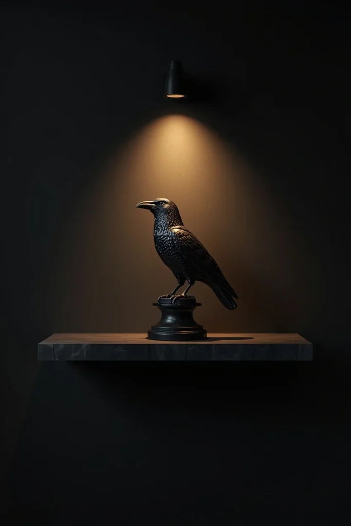 minimalist shelf display, featuring one large ceramic raven statue