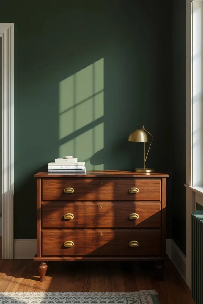 bedroom vignette, featuring a dark walnut dresser with brass drawer