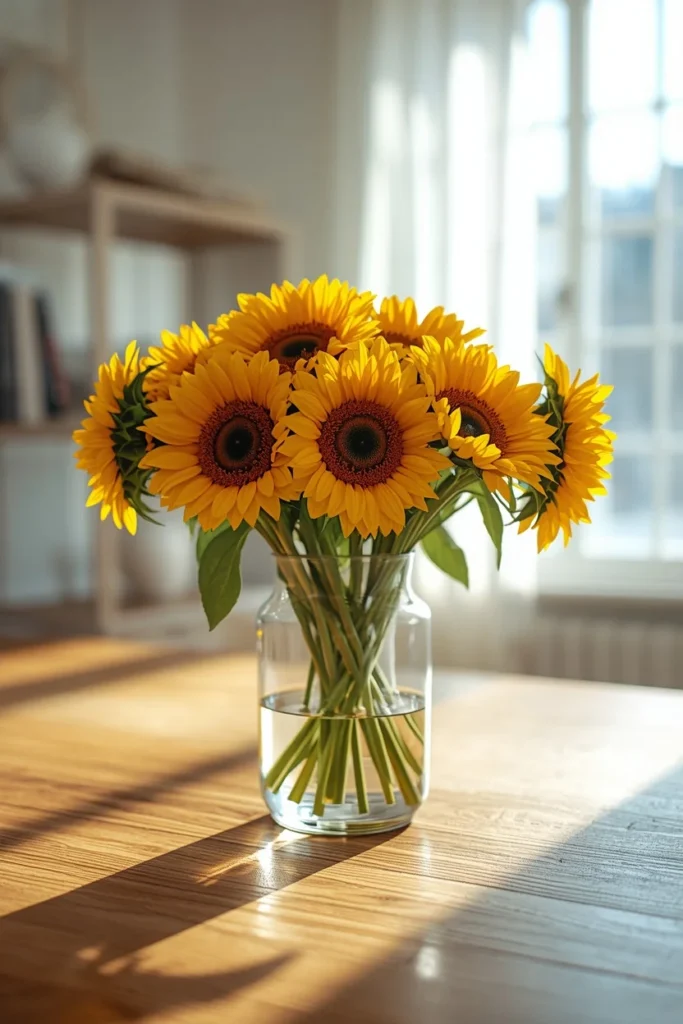 21 Fall Centerpiece Ideas That Take Minutes to Put Together (Easy + Budget-Friendly) 5 centerpiece close-up, featuring a bunch of fresh sunflowers with visible stems in a clear glass vase