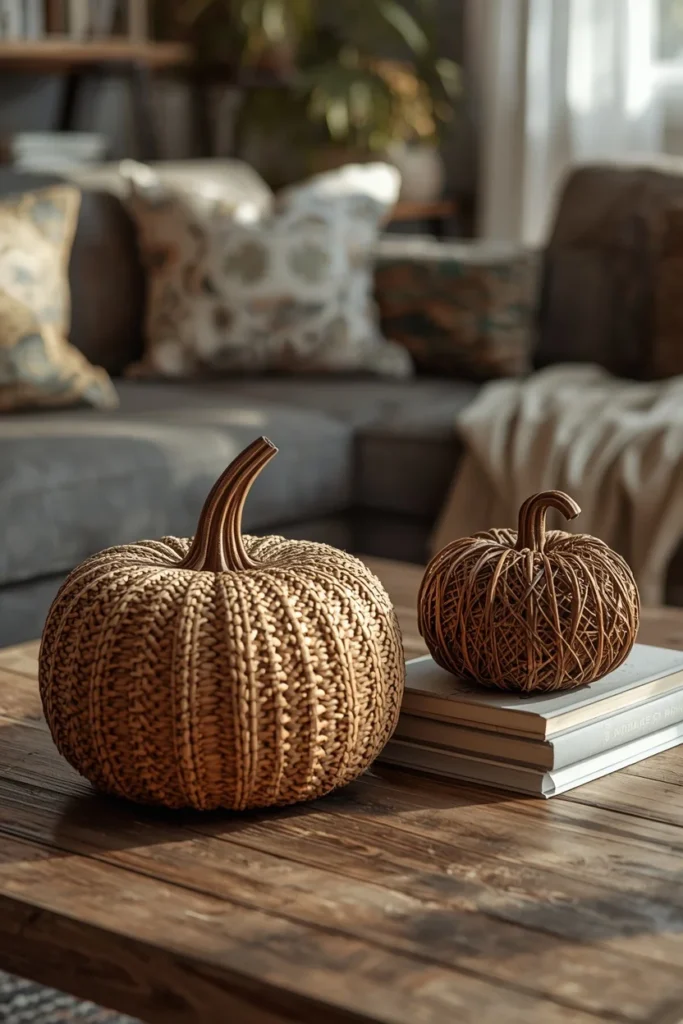 20 Fall Coffee Table Decor Ideas to Steal This Season 5 a woven rattan pumpkin and a twig-bundled pumpkin