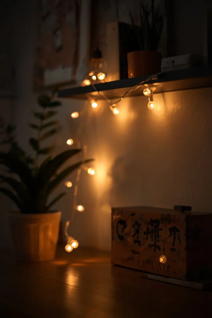 desk decor, featuring warm white string lights wrapped around a small shelf above a desk
