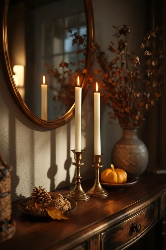 16 Fall Entry Table Decor Ideas That Wow Guests Instantly-Cozy Autumn Entryway Styling 5 entryway console table, featuring brass candlesticks with lit cream taper candles