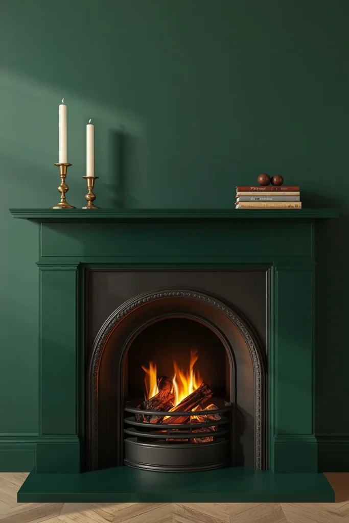 fireplace mantel, featuring a mantel painted in deep forest green