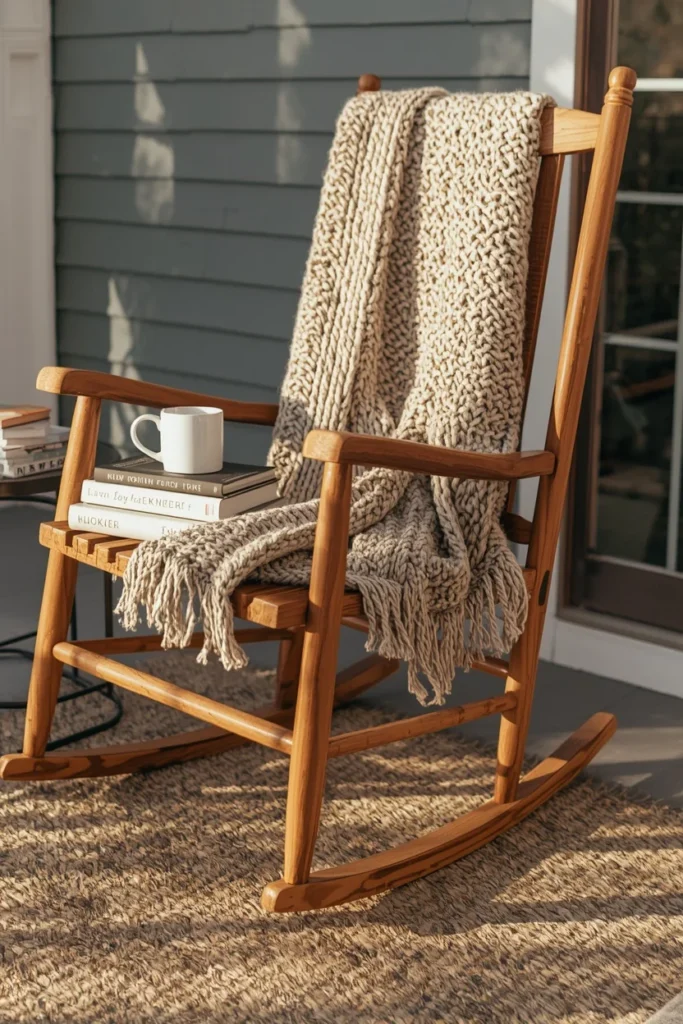  front porch seating corner, featuring a wooden rocking chair 