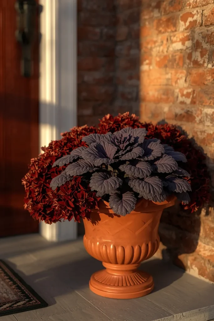 19 Fall Planter Ideas That Bring Instant Curb Appeal 5 front porch, featuring a terracotta planter filled with dark purple ornamental kale and burgundy mums,