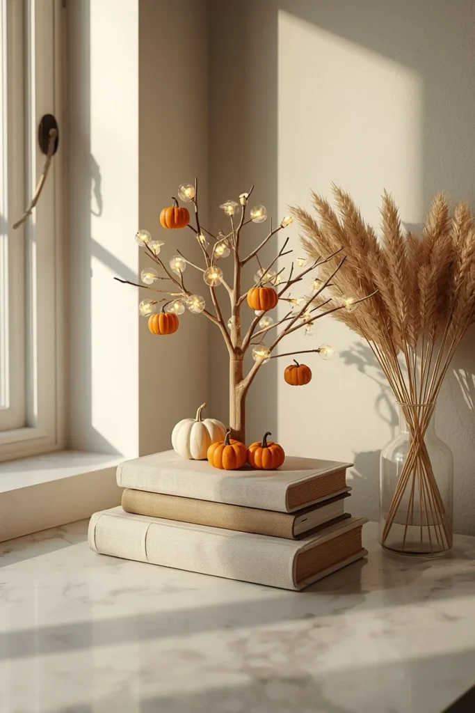 18 Fall Tree Ideas to Decorate Your Home Like a Magazine 5 kitchen counter vignette, featuring a small tabletop lighted fall tree