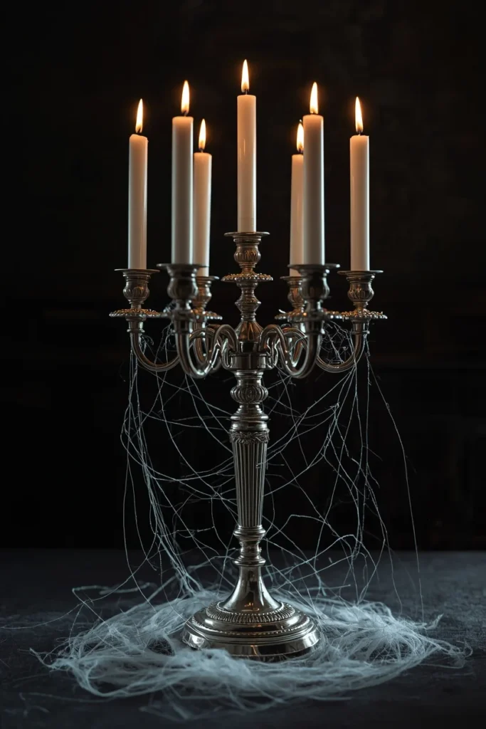 centerpiece, featuring an antique silver candelabra with lit taper candles 