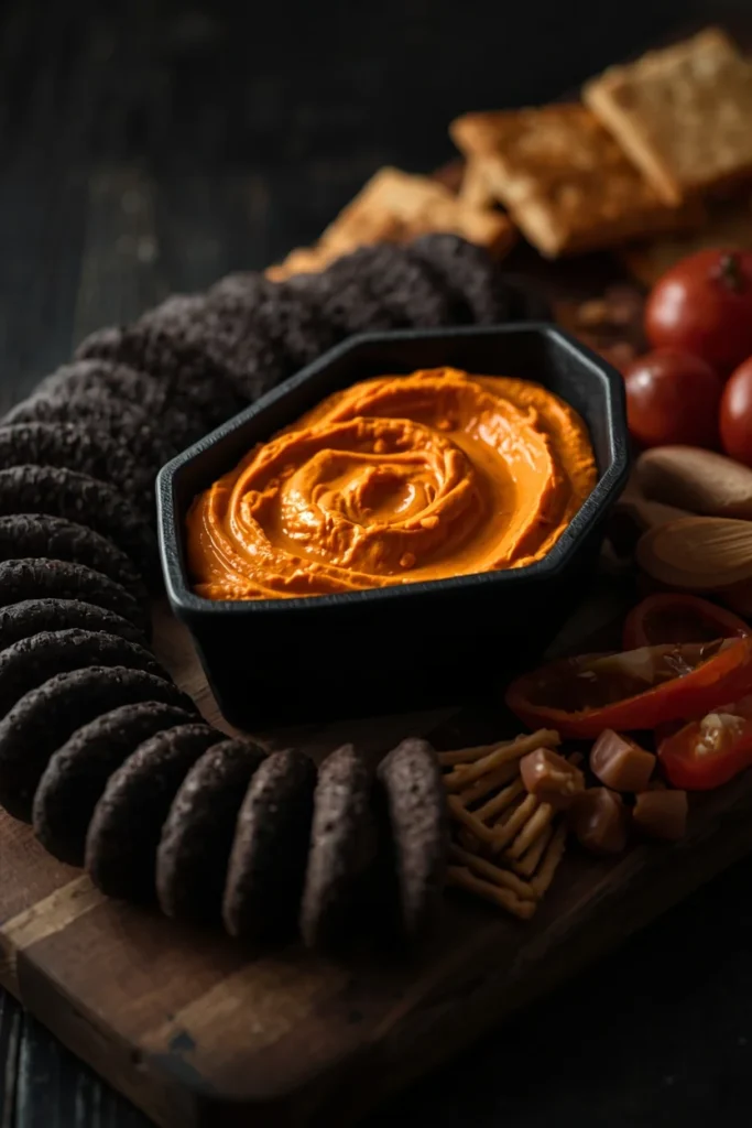 charcuterie board detail, featuring a black coffin-shaped bowl filled with bright orange hummus
