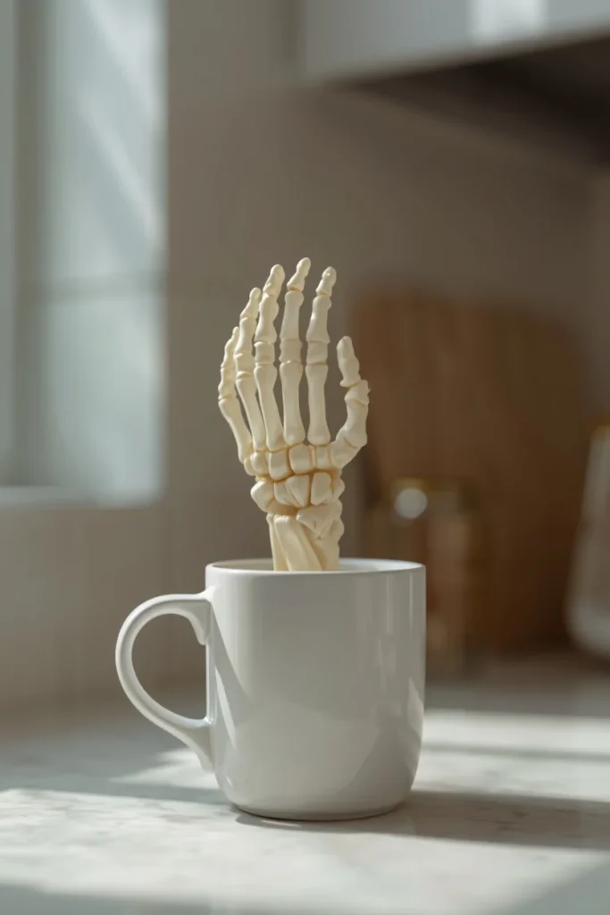  detail shot, featuring a pale plastic skeleton hand wrapped around the base of a white ceramic coffee mug 