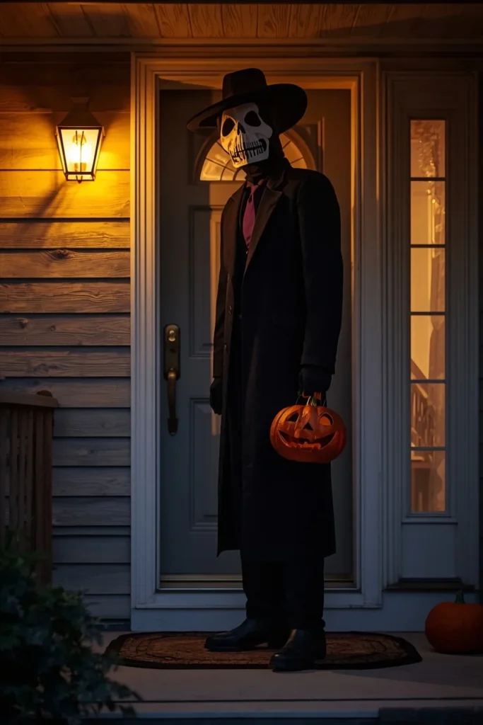 front porch Halloween display, featuring a life-sized Headless Horseman figure