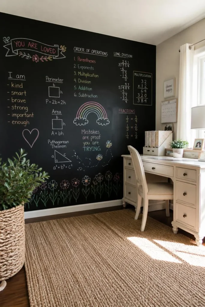 homeschool room, featuring a large chalkboard wall covered in colorful chalk drawings 