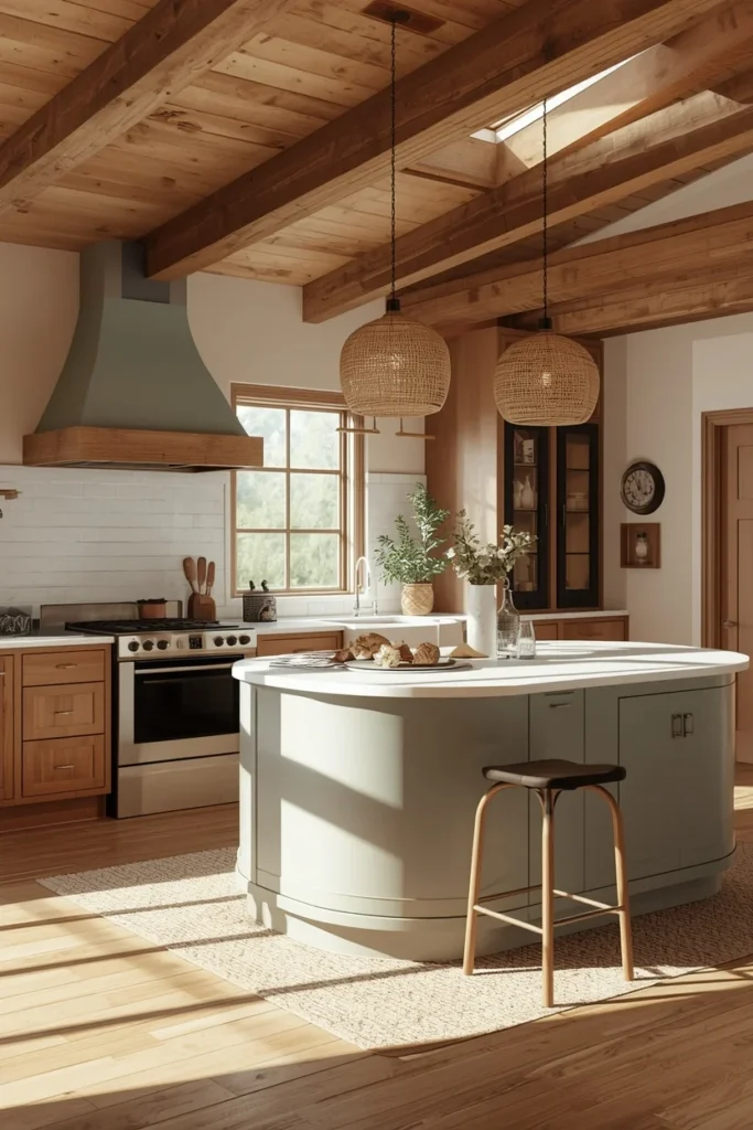 19 Modern Farmhouse Kitchens That Nail Cozy Meets Contemporary 5 farmhouse kitchen, featuring a curved soft gray-green island,
