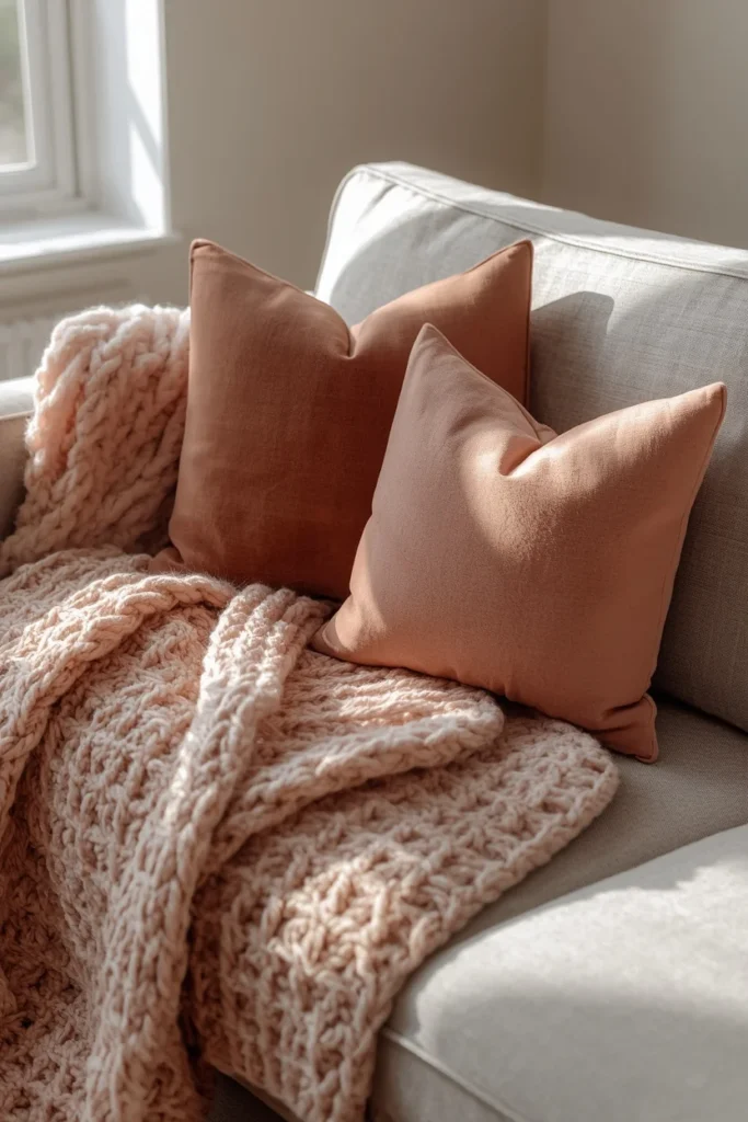 15 Pink Fall Decor Ideas for a Softer Take on Autumn 5 living room sofa, featuring a chunky knit blush pink throw draped over the arm and two dusty rose velvet pillows