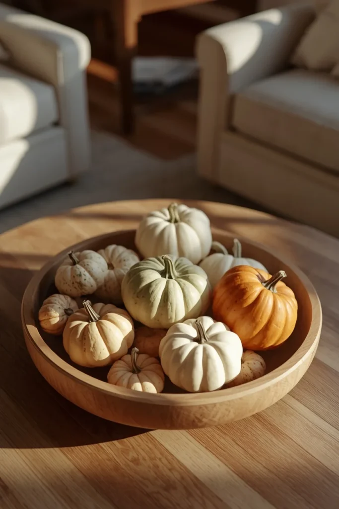 living room, featuring a shallow wooden bowl filled with mini pumpkins 