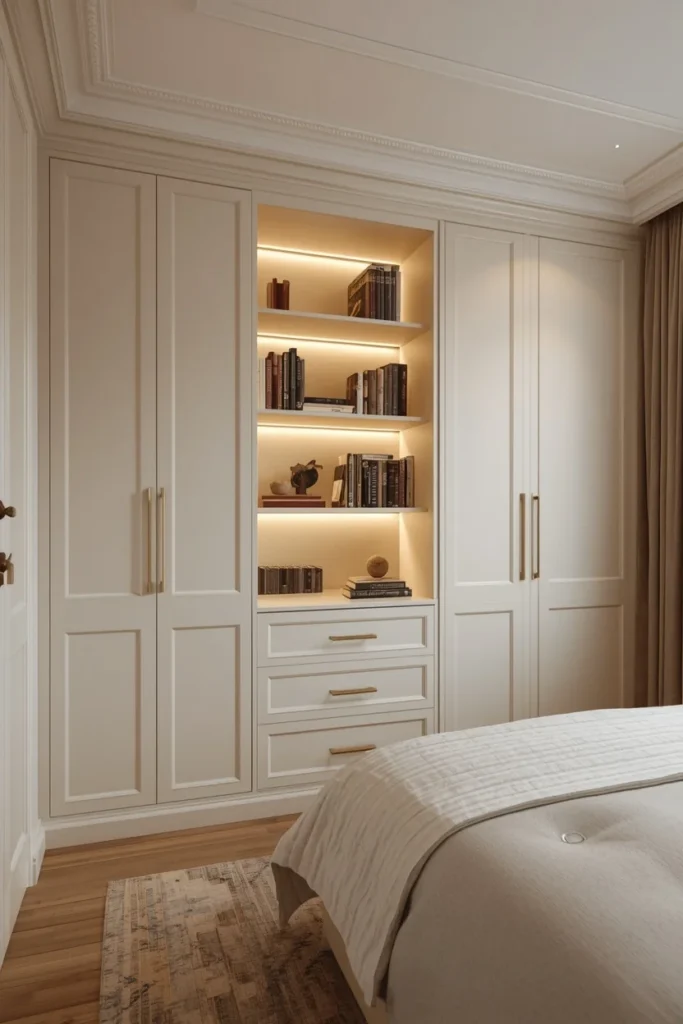 small bedroom, featuring floor-to-ceiling built-in shelving and wardrobe painted the same soft warm white