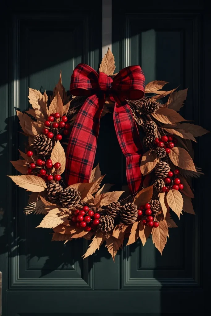 front door wreath close-up, featuring a transitional wreath 