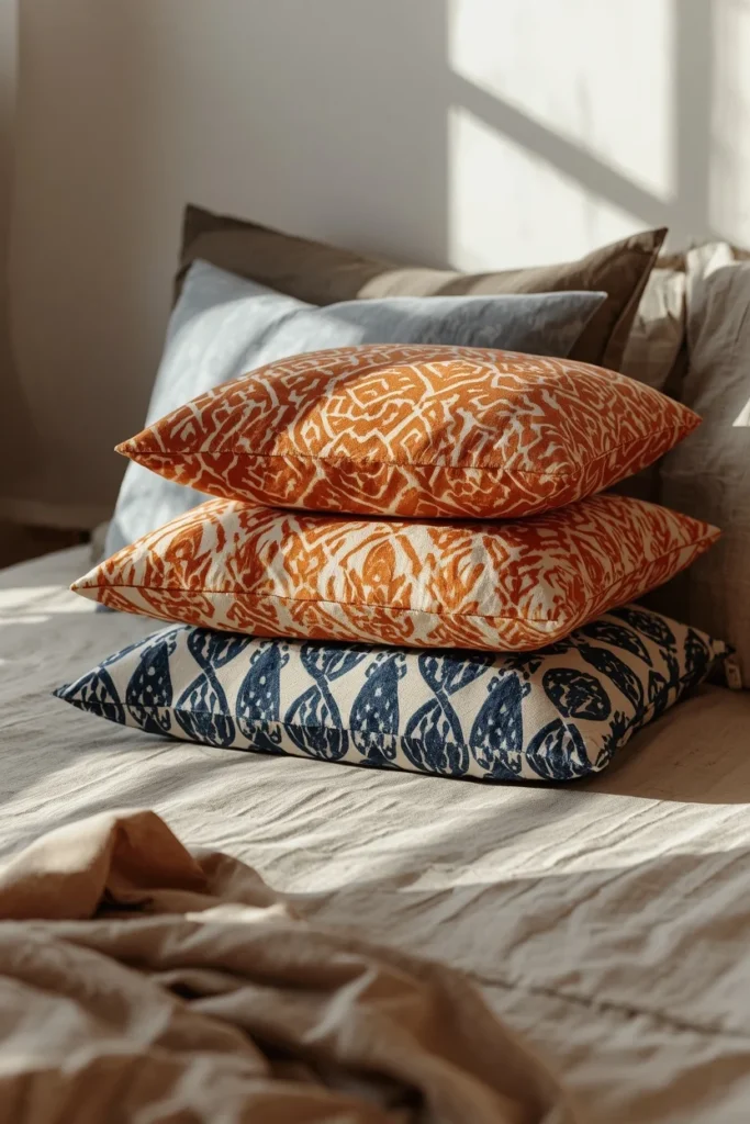 23 Afrobohemian Bedroom Ideas for Warm, Earthy, Soul-Filled Nights 6 bedroom close-up, featuring three layered Ankara wax-print throw pillows