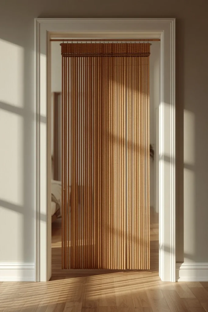 doorway styling, featuring a natural bamboo beaded curtain hanging in a bedroom entryway, 