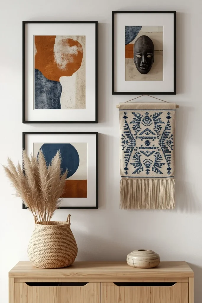 gallery wall close-up, featuring a mix of framed African-inspired abstract art 