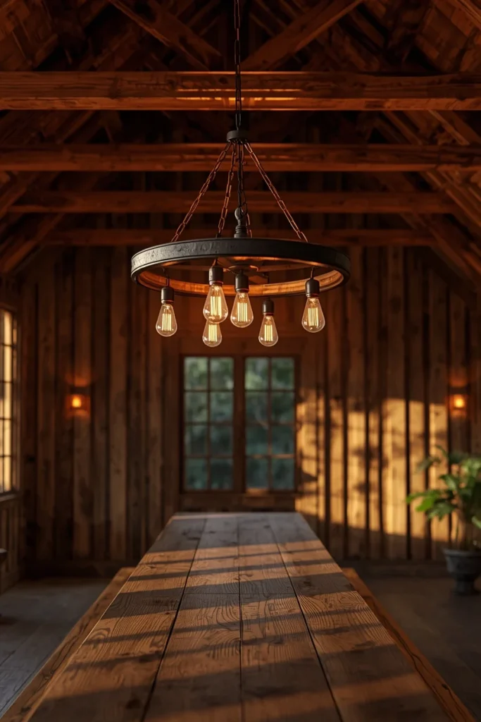 barndominium dining area, featuring a wagon wheel style wrought iron chandelier 