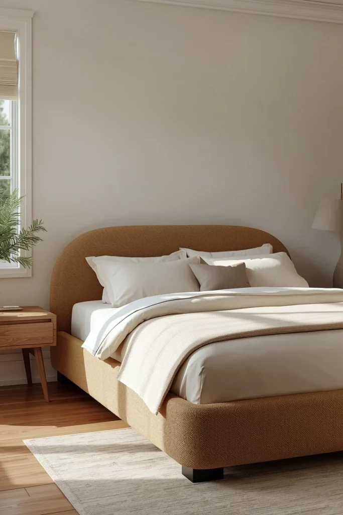 22 Beautiful Bedroom Ideas That Turn Your Room Into a Personal Sanctuary 6 bedroom, featuring a curved upholstered bed frame in warm oatmeal boucle fabric