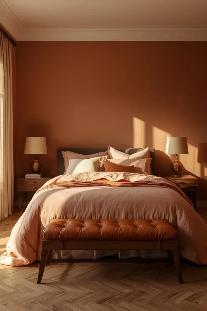 21 Bedroom Color Schemes That Make Your Room Feel Like a Boutique Hotel 6 Bedroom with warm terracotta clay-toned walls, peach and cream layered bedding