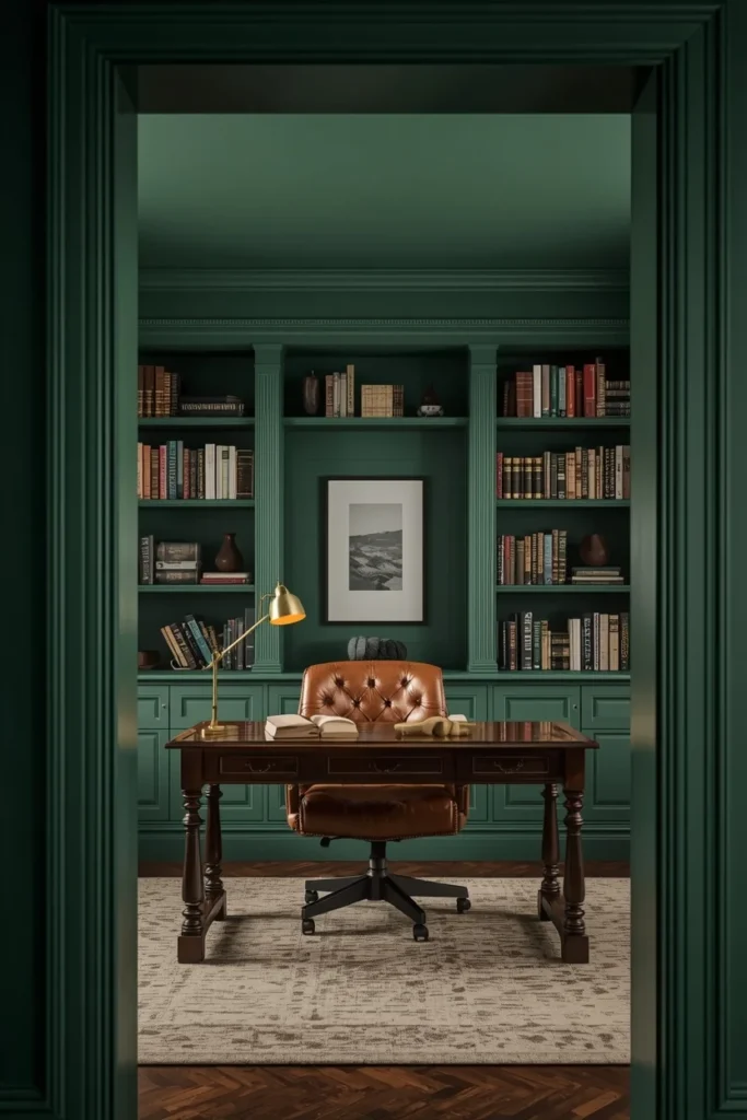  home office, featuring a deep bottle green ceiling matching the walls, built-in bookshelf painted 