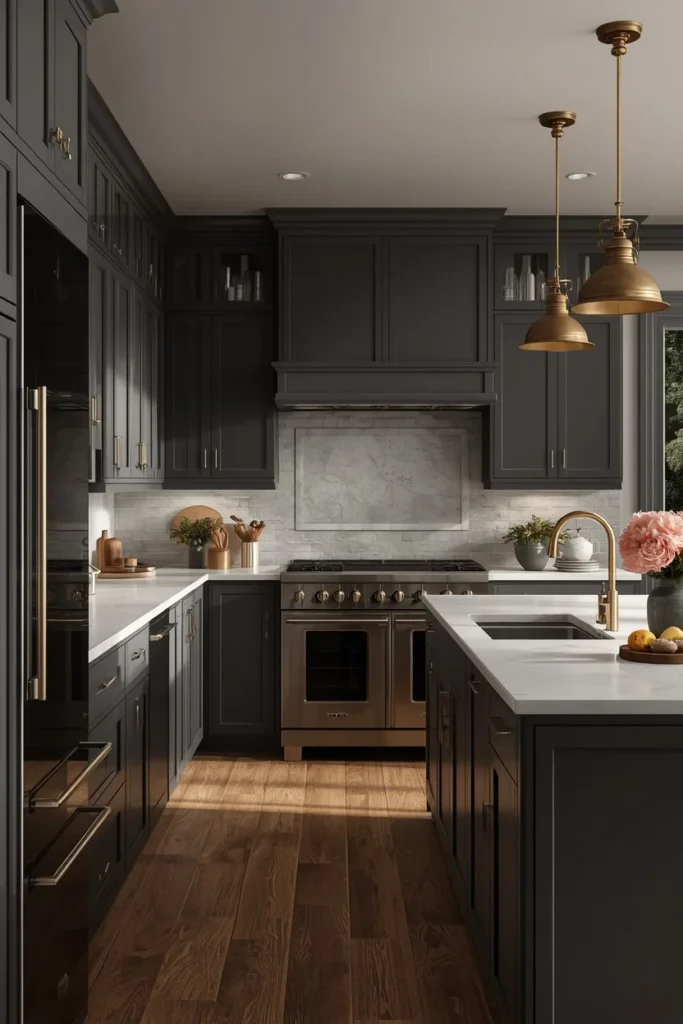  kitchen, featuring charcoal gray cabinets, walls, trim, and ceiling all in matching matte finish,
