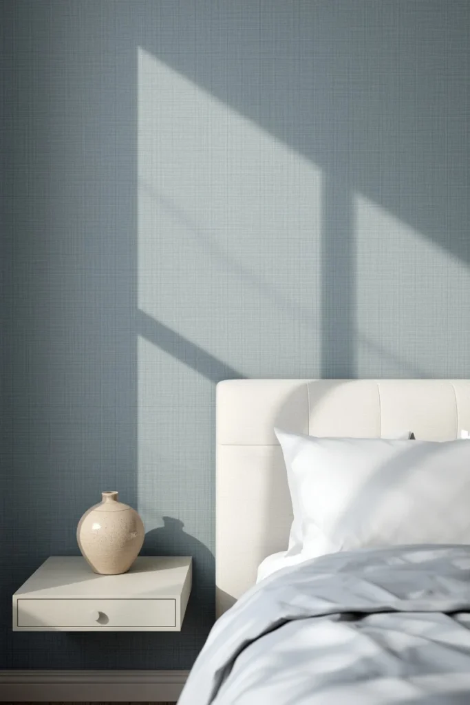 bedroom wall detail shot, featuring soft blue grasscloth wallpaper texture 