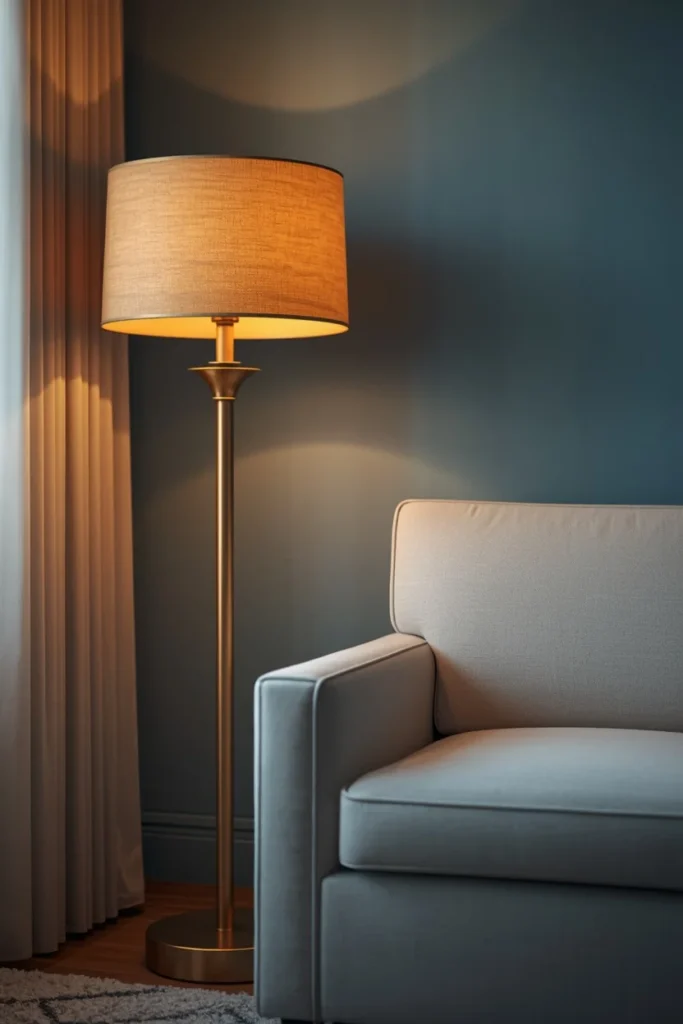 living room corner, featuring a brass floor lamp with a warm amber glow beside a cream armchair,