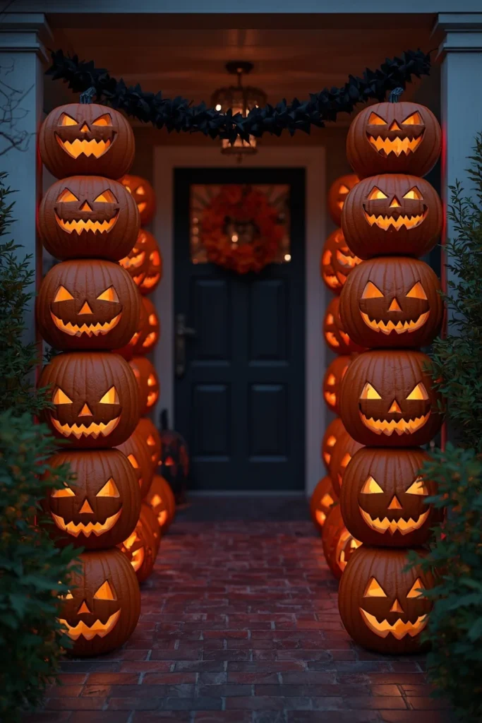 18 DIY Halloween Archway Ideas That Wow Trick-or-Treaters 6 front walkway, featuring two tall towers of stacked carved jack-o'-lanterns