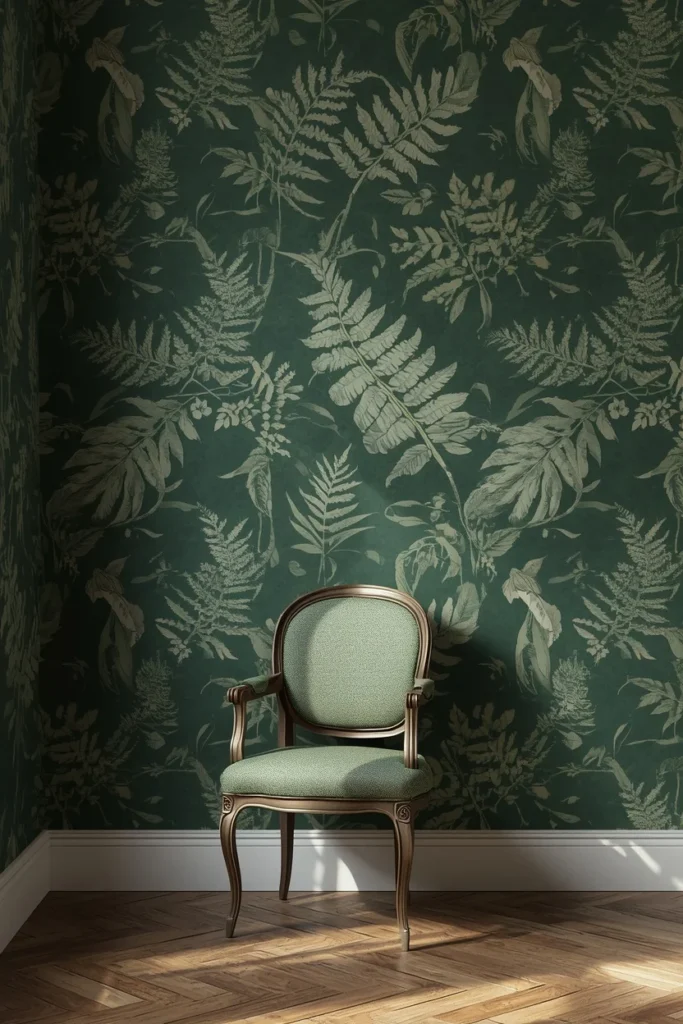  bedroom nook, featuring dark green botanical print wallpaper