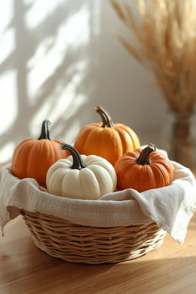 21 Fall Centerpiece Ideas That Take Minutes to Put Together (Easy + Budget-Friendly) 6 centerpiece vignette, featuring a shallow wicker basket lined with linen and filled