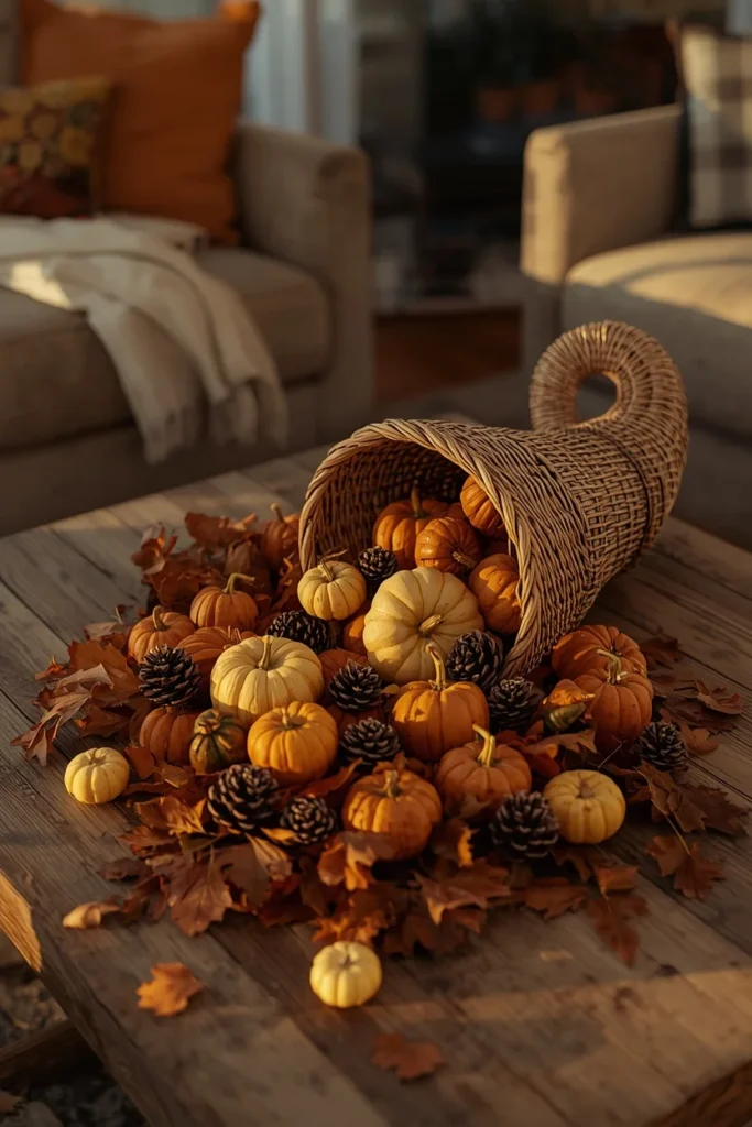 20 Fall Coffee Table Decor Ideas to Steal This Season 6 a woven cornucopia overflowing with mini gourds,