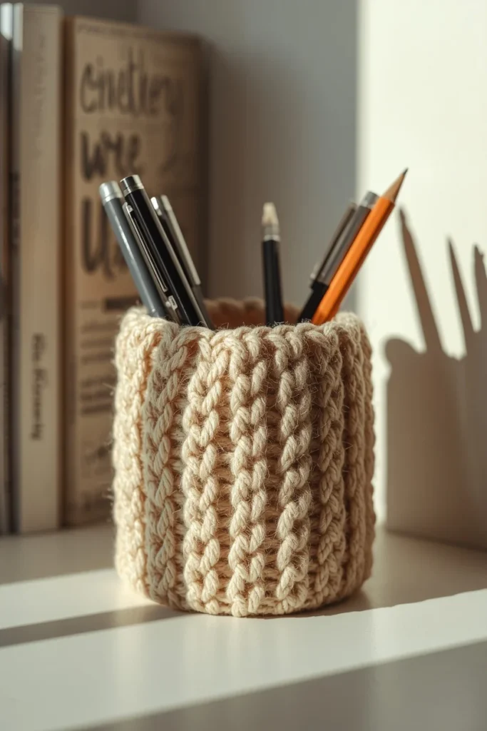  desk decor, featuring a pen cup wrapped in a warm oatmeal-colored knit 