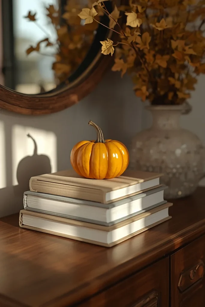 16 Fall Entry Table Decor Ideas That Wow Guests Instantly-Cozy Autumn Entryway Styling 6 entryway console table, featuring a stack of neutral-toned hardcover books topped