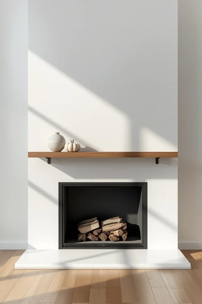 modern fireplace, featuring a thin floating wood shelf mantel 