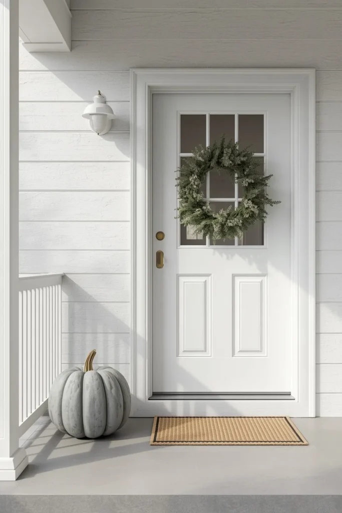  minimalist front porch, featuring one oversized heirloom blue-gray pumpkin 