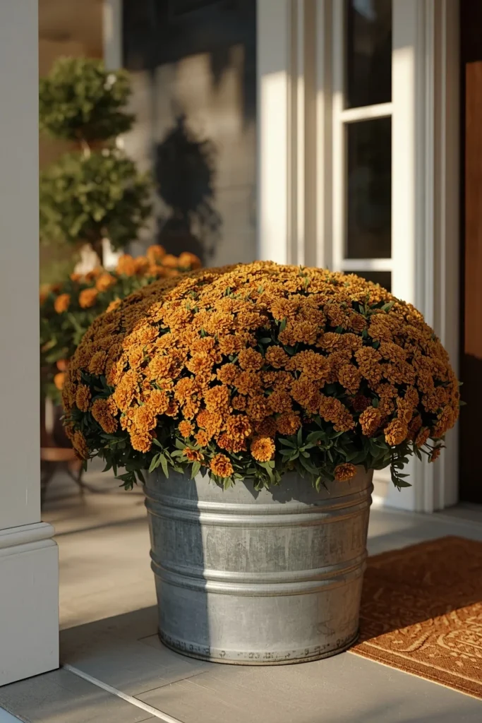 19 Fall Planter Ideas That Bring Instant Curb Appeal 6 front porch, featuring a galvanized metal tub planter filled with rust and gold mums, warm afternoon light,